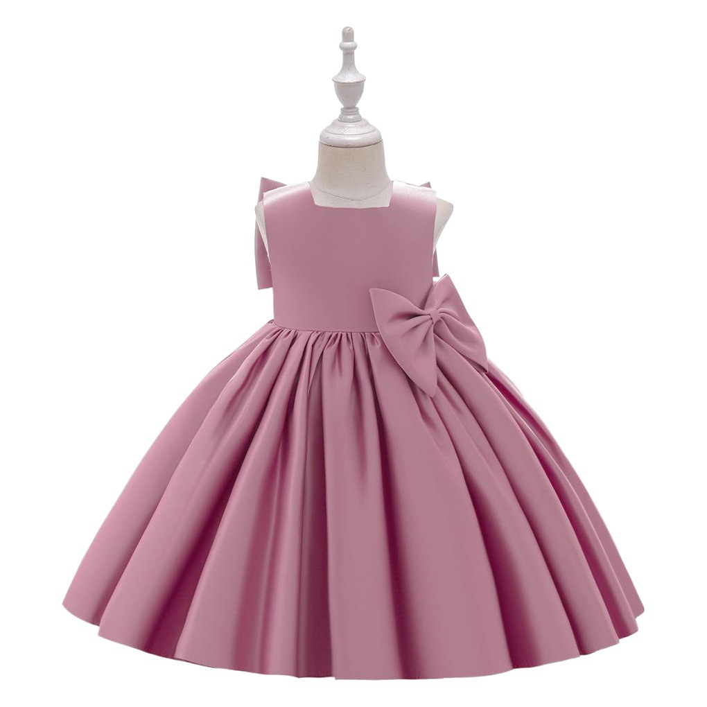 Girls' Formal Dress, Children's Dress, Korean Style with Large Bow, Satin, for Middle-Aged Girls, Suitable for June 1St Performances, Flower Girl