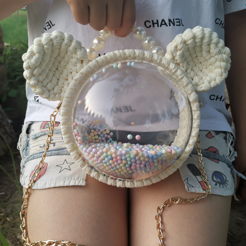 Picture of Handmade woven cloth line bear Mickey bag material bag transparent hemisphere acrylic Pearl handbag satchel