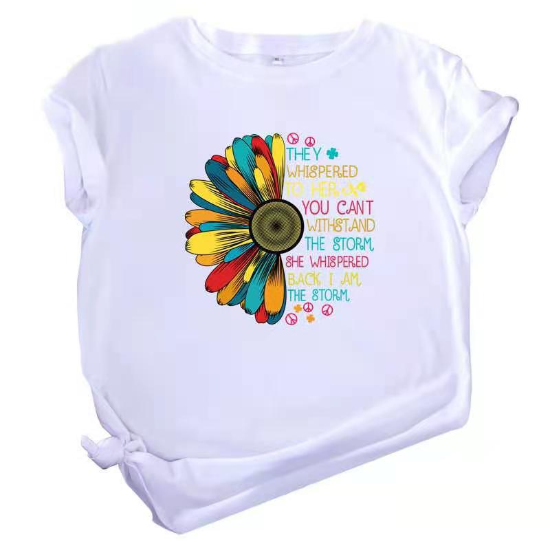 in stock Independent Station Amazon Color Sunflower Letter Printing Simple Casual Short-sleeved T-shirt Top