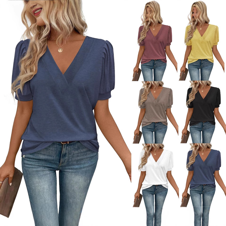 2025 European and American Amazon Cross-Border Export Women's Casual Knitted Pure Color V Neck Short Lantern Sleeve Pleated Loose T-Shirt