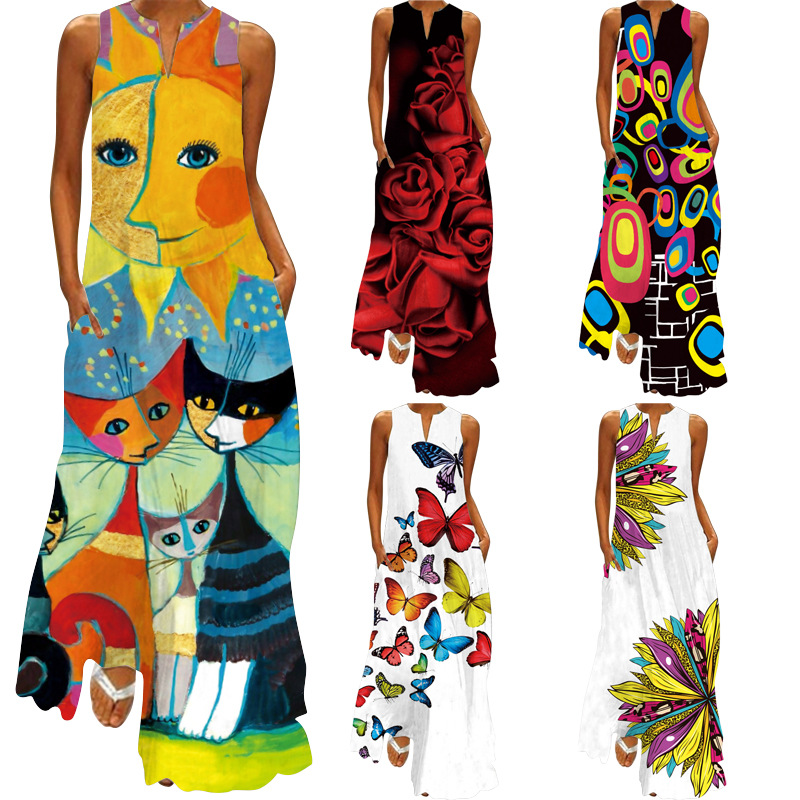 2024 new summer women's sleeveless dress v-neck printing retro dress Europe and the United States cross-border foreign trade women's clothing