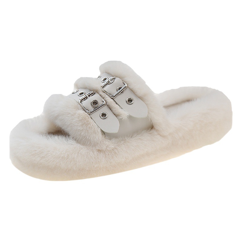 2023 Autumn and Winter New Mao Mao Slippers Women's Korean Style Outer Wear Belt Buckle Thick Bottom Warm Wool Slippers Women