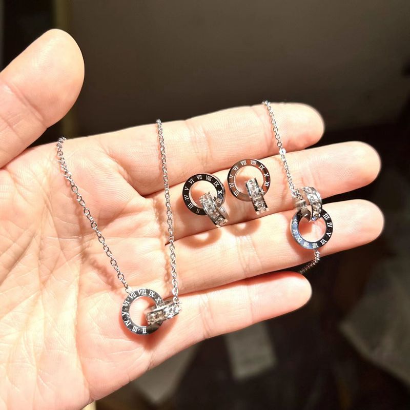 Picture of Double ring Roman digital inlaid zircon jewelry suit fashion stainless steel bracelet bridal earrings Jewelry necklace three pieces