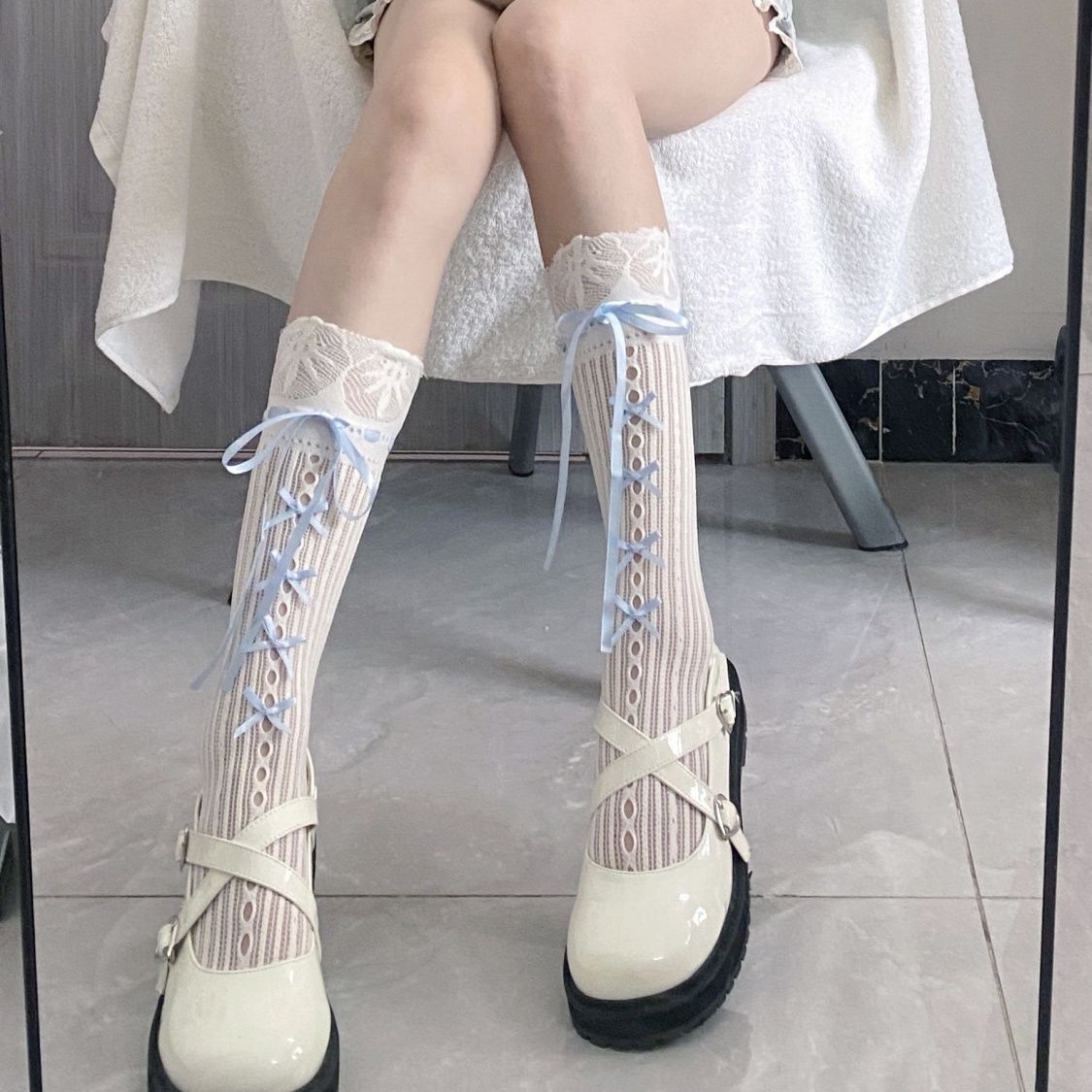 Lolita Sweet White and Blue Tie Bow Mid-length Socks Printed Lace Hollow Breathable Japanese Style JK Calf Socks