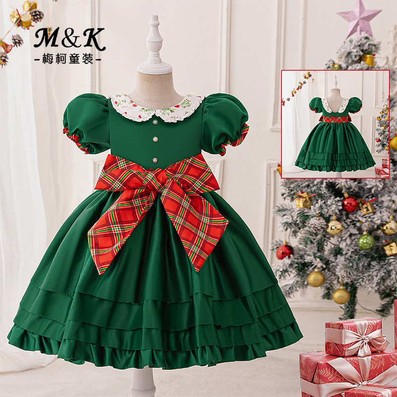 Christmas New Children's Dress European and American Holiday Dress Girls Princess Dress Satin Dress Christmas Dress