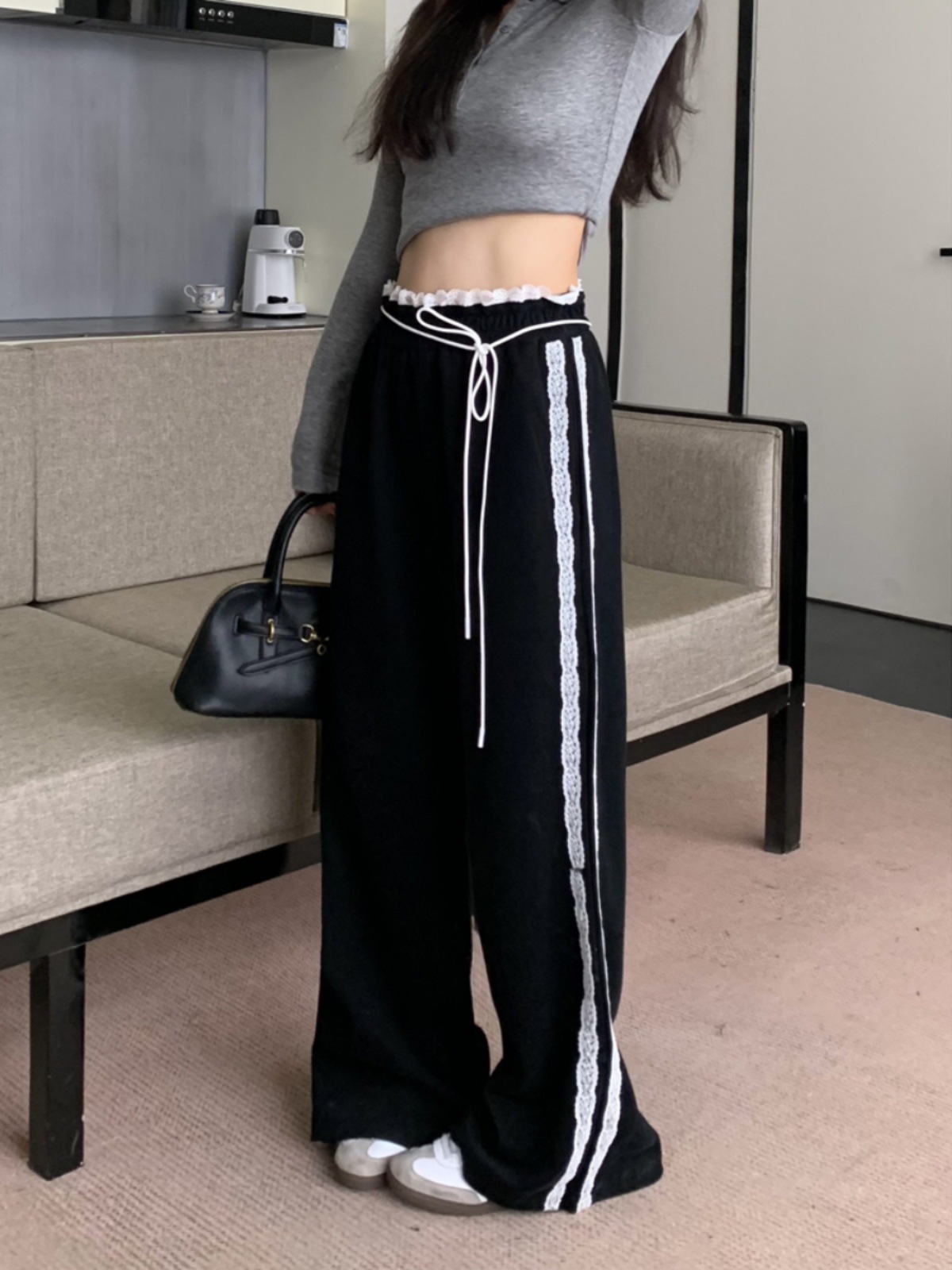 Striped Lace Edge Drape Casual Pants 2025 Summer New High-Waisted Slim Fashion Sports Pants Wide-Leg Long Pants for Women