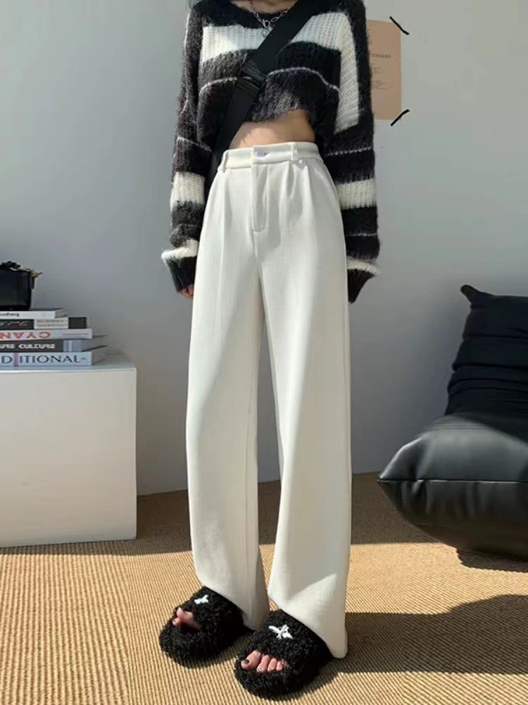 Chenille Narrow Wide-leg Pants Women's Autumn and Winter fleece-lined Thickened Corduroy Short High Waist Dosing Straight-leg Pants