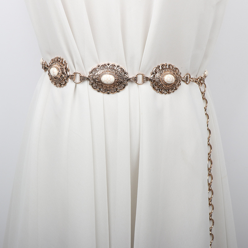 Vintage Metal Waist Chain Women's Ethnic Style Accessories All-match Dress Elegant High-grade Thin Belt 2024 New Summer