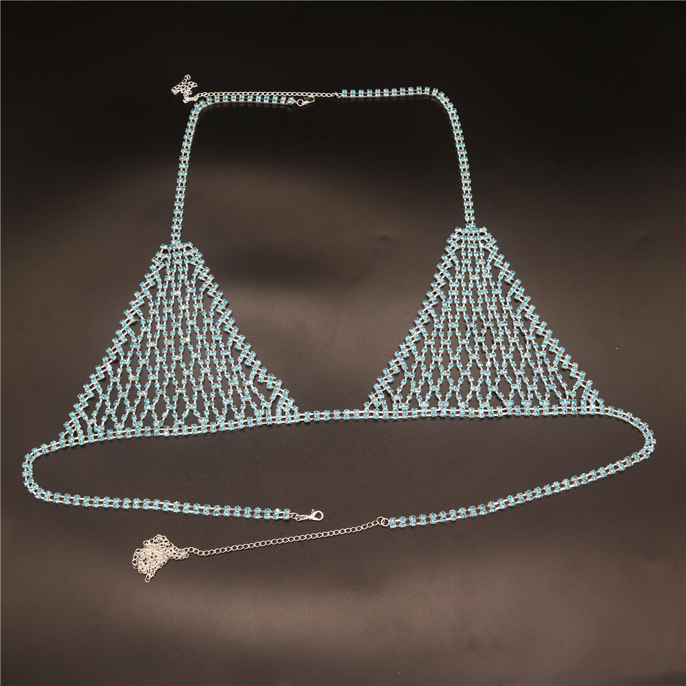Picture of European and American Hot Sale Lake Blue Sexy Body Chain Set Nightclub Bikini Bra Shorts Short Skirt Body Jewelry Women