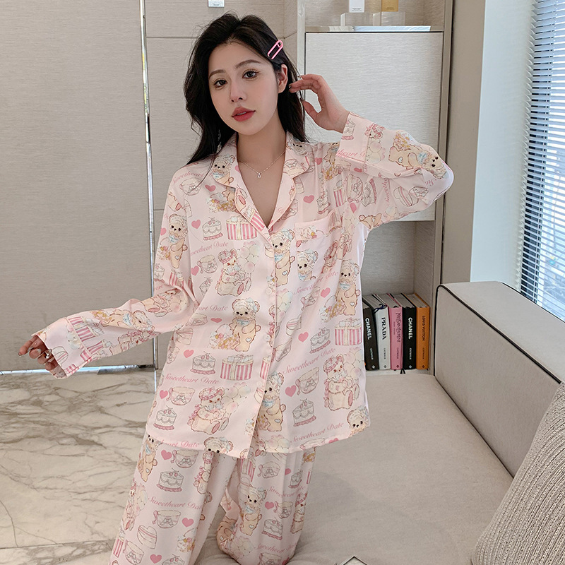 2024 New Pajamas for Women Supply Spring and Autum Silk Sweet Girl Home Clothes Long-Sleeved Pants Pajamas for Women