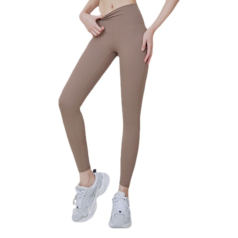 High-Waisted Peach-Colored Women's Sports Fitness Pants, Butt-Lifting and Tummy-Control Yoga Pants, Nine-Tenths Length, Naked-Feel Yoga Pants