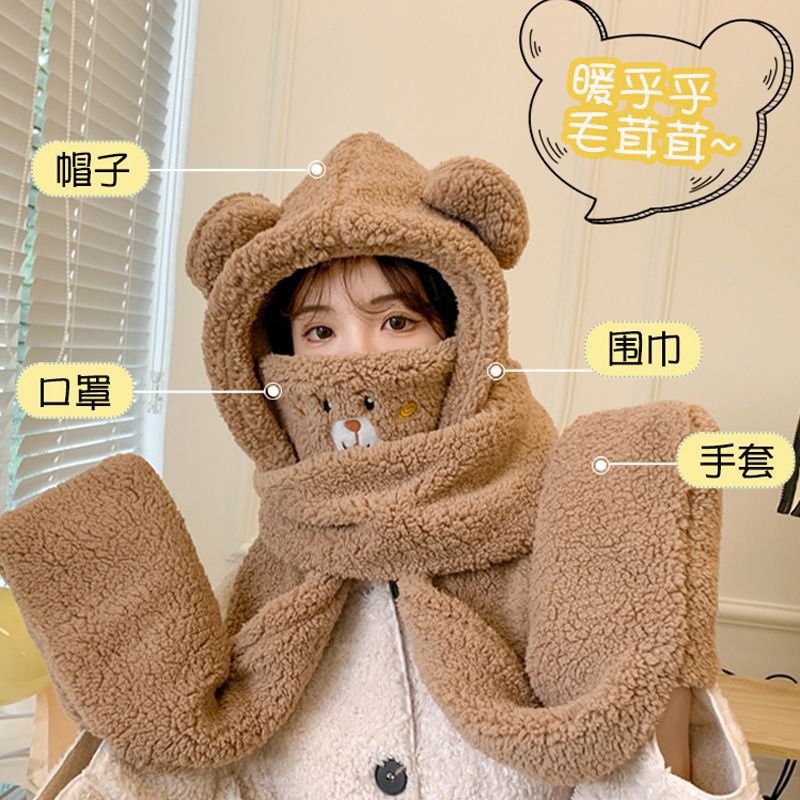Picture of Autumn and Winter New fleece-lined Furry Lei Feng Hat Women's Bib Hat One-piece Cap Thickened Bear Ear Cap