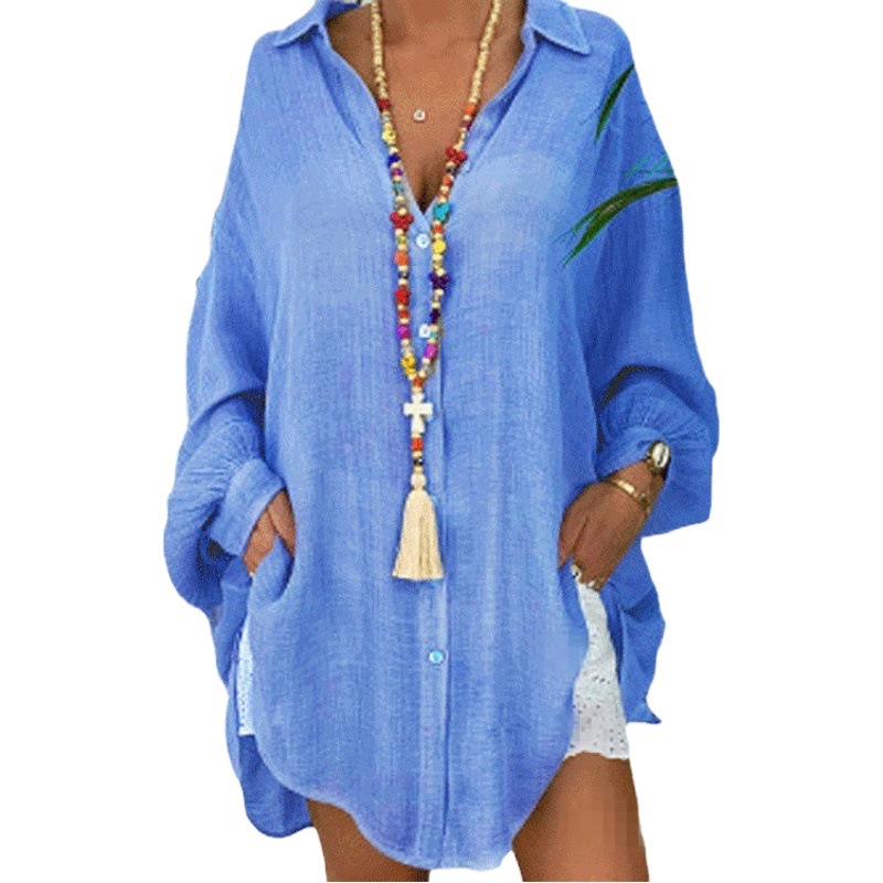 European and American Cross-Border Women's Clothing 2024 Spring and Summer New Amazon Solid Color Button Long-Sleeved Loose Casual Shirt Women's Tops