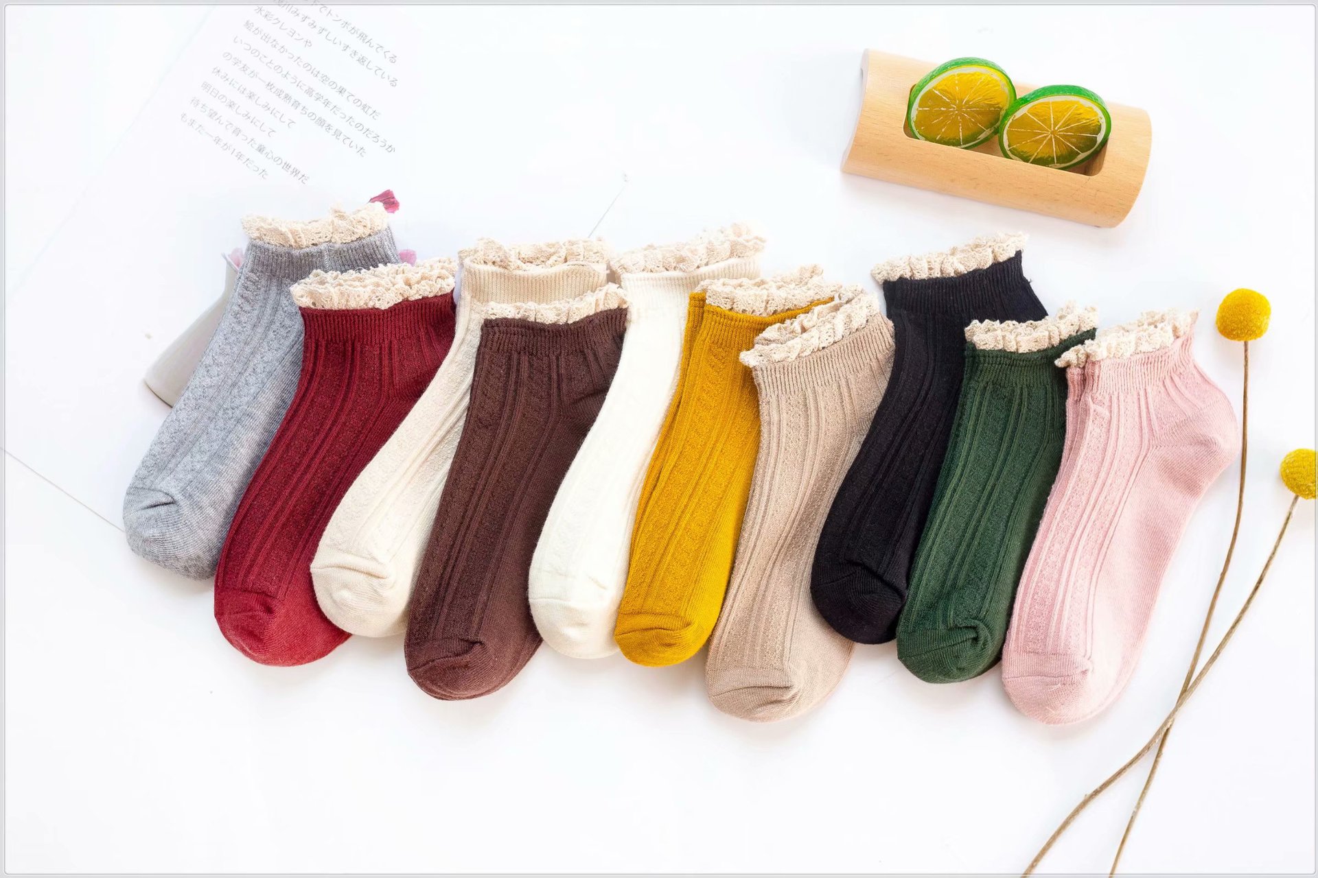 2020 Spring New Women's Double Needle Lace Boat Socks Solid Color Japanese College Style Vintage Women's Socks