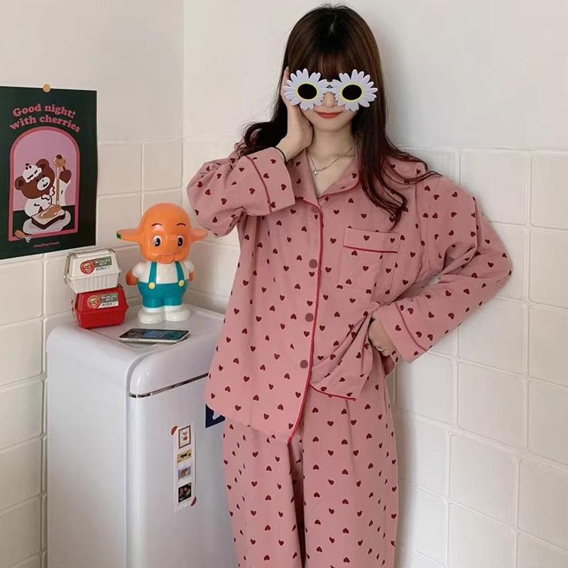 Picture of New Ins Loose Casual Pajamas Women's Simple Sweet Internet Famous Long Sleeve Cardigan Girl's Home Two-Piece Set Wholesale