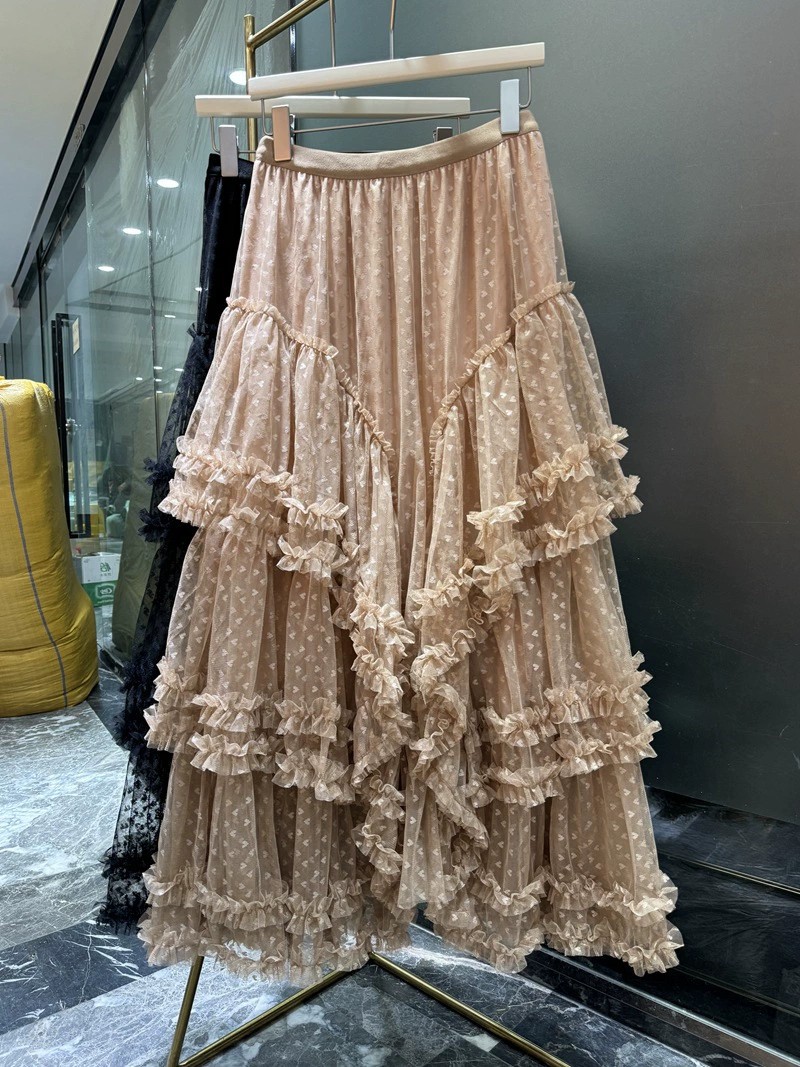Autumn Lace Splicing Mesh Skirt for Women 2025 New A-Line Princess Fluffy Cake Long Skirt Fashionable Elegant