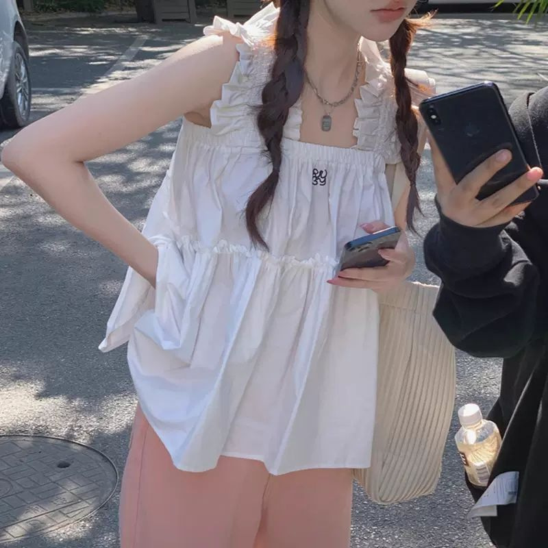White Shirt Women's 2024 Summer New Design Sense Niche Small Men Embroidered Vest Top Trendy