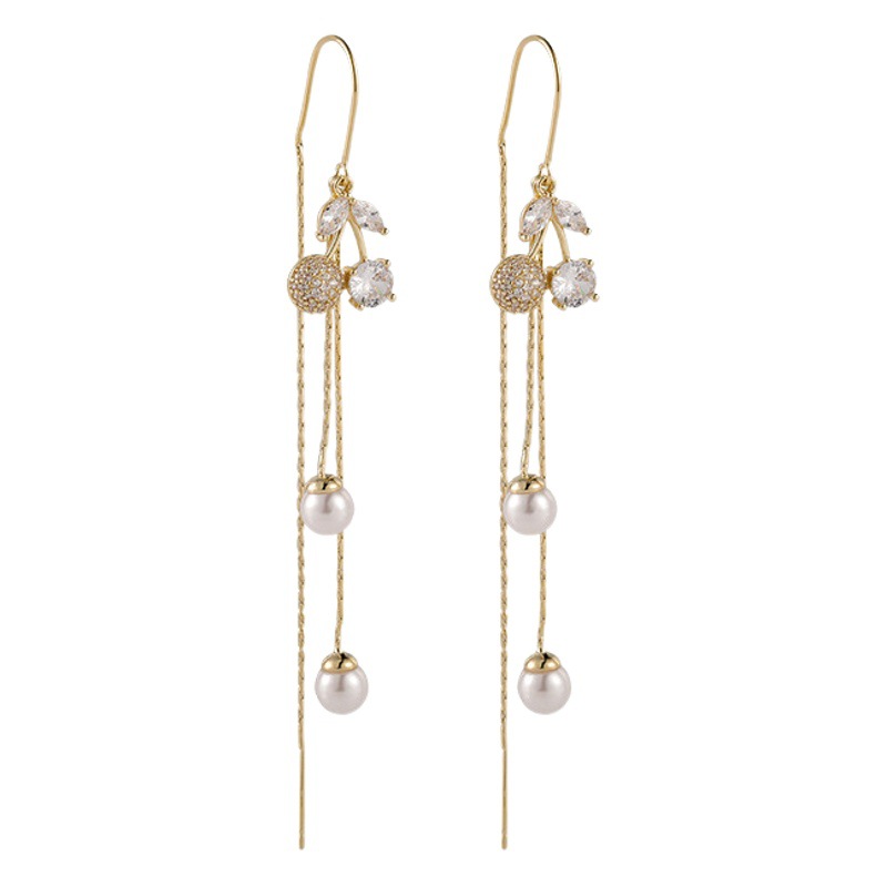 Japanese and Korean-style Sweet Cherry Ear Line Fashion Elegant High-grade Ear Earrings Long Face Skinny Pearl Tassel Earrings Earrings