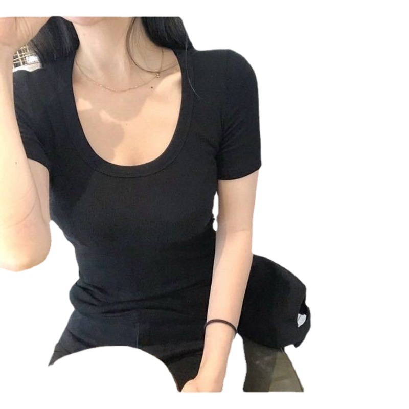 2025 Summer Korean Large U-Neck Short-Sleeved T-Shirt for Women Pure Color Tight Sexy Discreet Low-Cut Bottoming Cross-Border Top