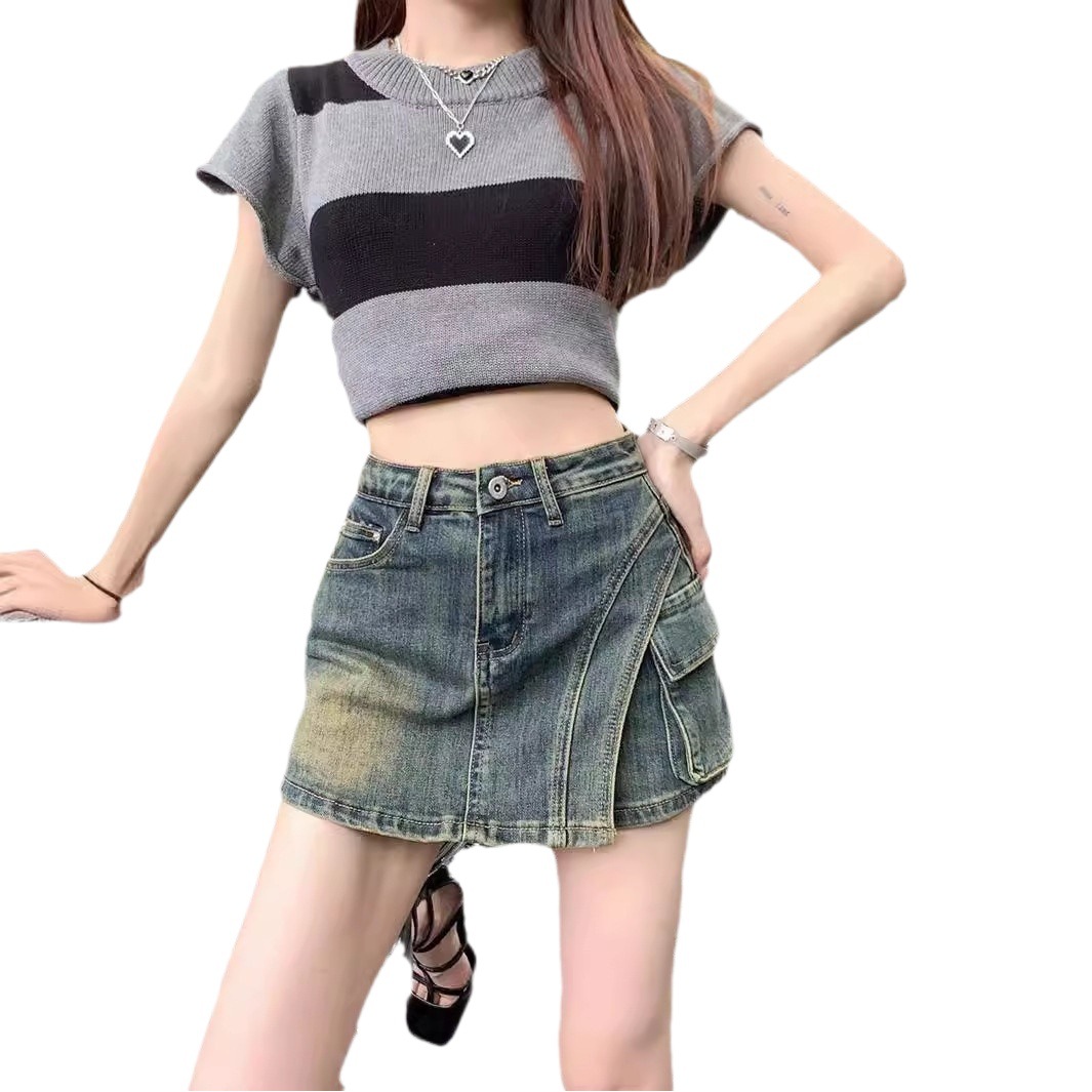 Denim Skirt Women's Spring and Summer 2024 New Design Sense Niche Irregular Spice Girls Slimming All-match Culottes