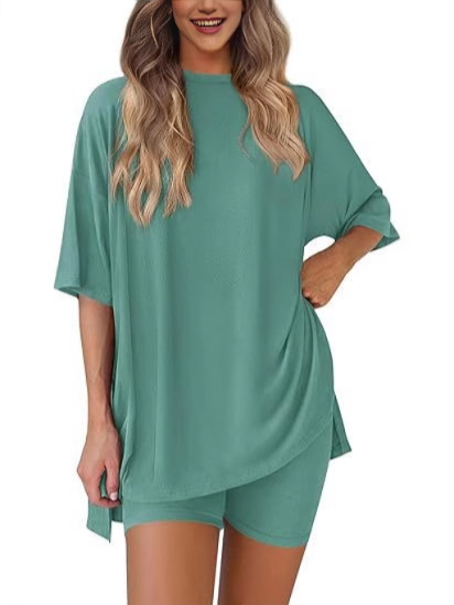 Amazon 2025 European and American New Women's Fashion Casual Round Neck Slit Loose Shorts Short-Sleeved Home Wear Suit