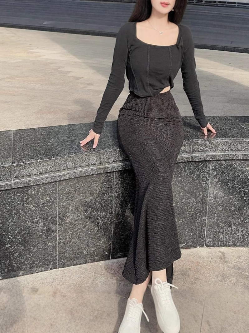 Summer New Korean Style Slimming Slit Fishtail Skirt Long Skirt High Waist Sexy Hip Skirt Pleated Skirt for Women