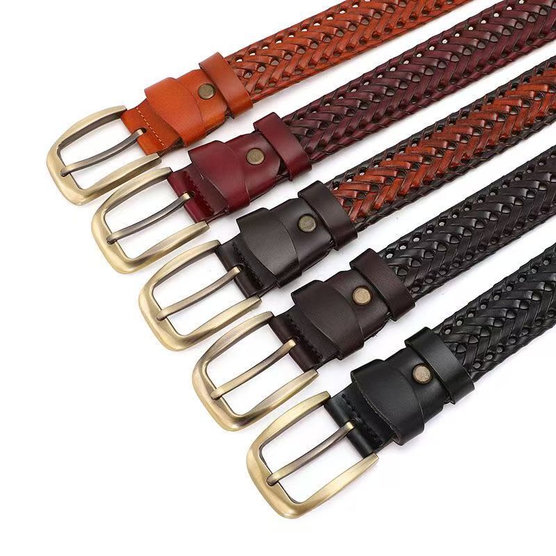 Young Men and Women's Retro All-match Woven Belt Women's Fine-knit Belt Leather Buckle Pure Cowhide Trendy Casual Pants