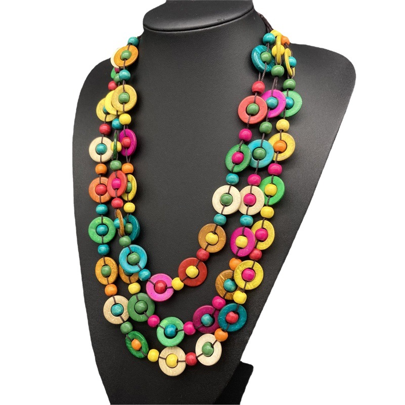 Cross-border Amazon wooden three-layer beaded necklace Bohemian style Foreign trade necklace sweater chain necklace