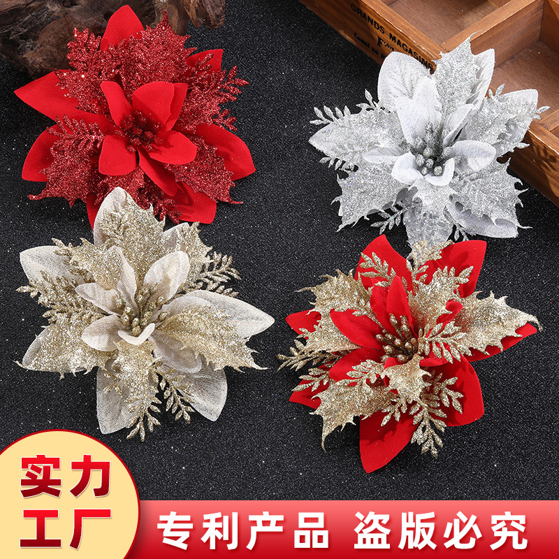 Picture of Christmas Decoration Flower Red Artificial Flower Christmas Wreath Accessories Holiday Christmas Tree Decoration Gold Pink Christmas Flower