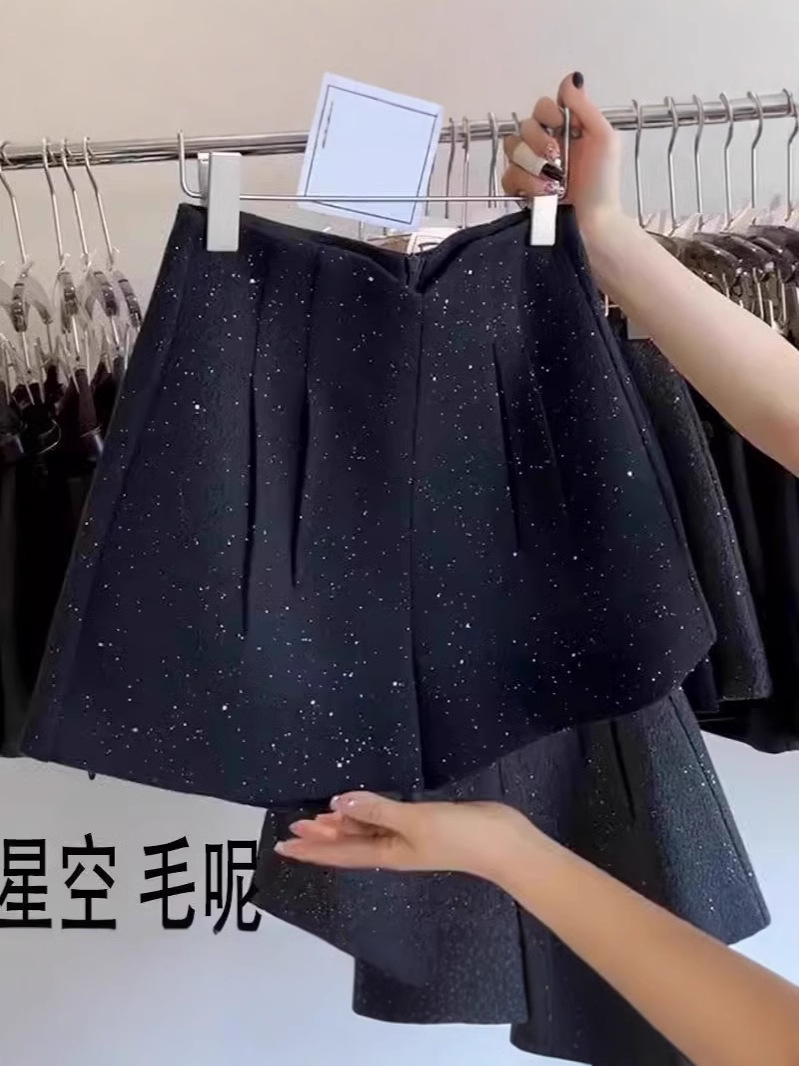 Black Star Woolen Shorts Women's Winter A- Shining Suit Sequins Small Boots Pants Spice Girls Wide Leg Pants