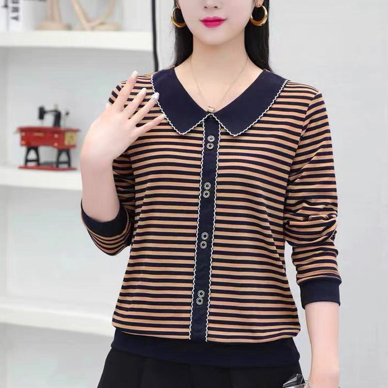 Picture of Strict selection of new doll collar striped long sleeve T-shirt middle-aged mother plus size women's button slim casual top women
