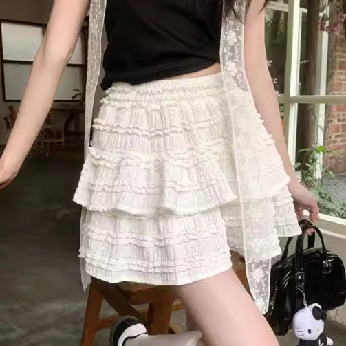 2024 Summer Sweet All-Match Cake Skirt Short Skirt High Waist A- Line Short Skirt Ballet Style Puffy Skirt for Women
