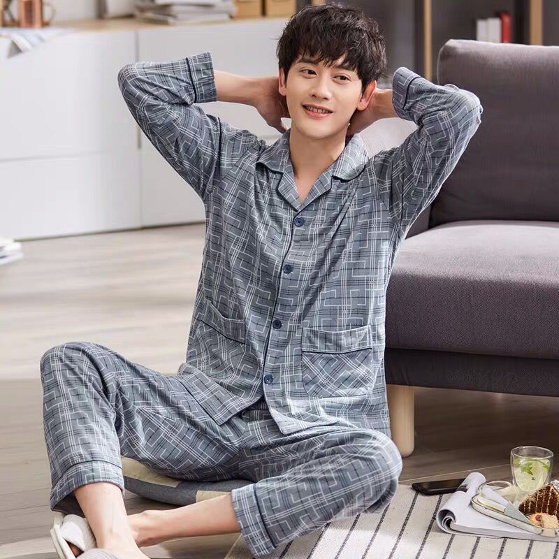 100% Cotton Men's Pajamas Spring and Autumn Long Sleeve Trousers Plus Size Loose Autumn and Winter Suit Home Clothes