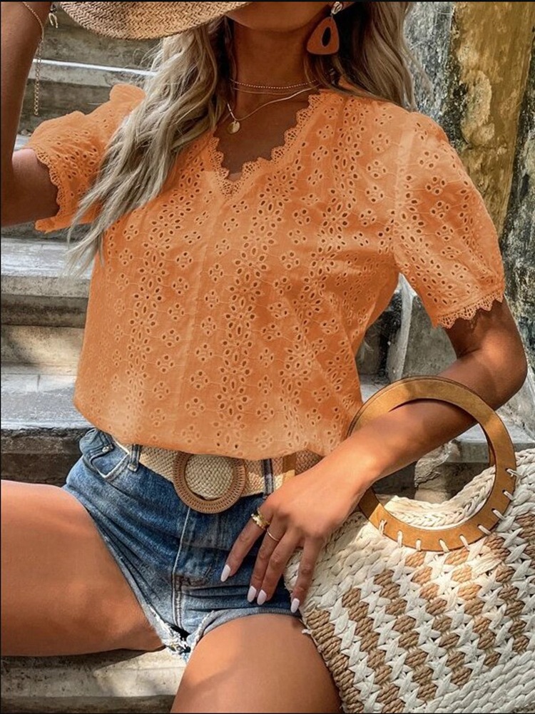 Picture of Summer New Amazon Ebay Independent Station European and American Summer New Pure Color Short-Sleeved Cut Out Shirt Cross-Border Spot