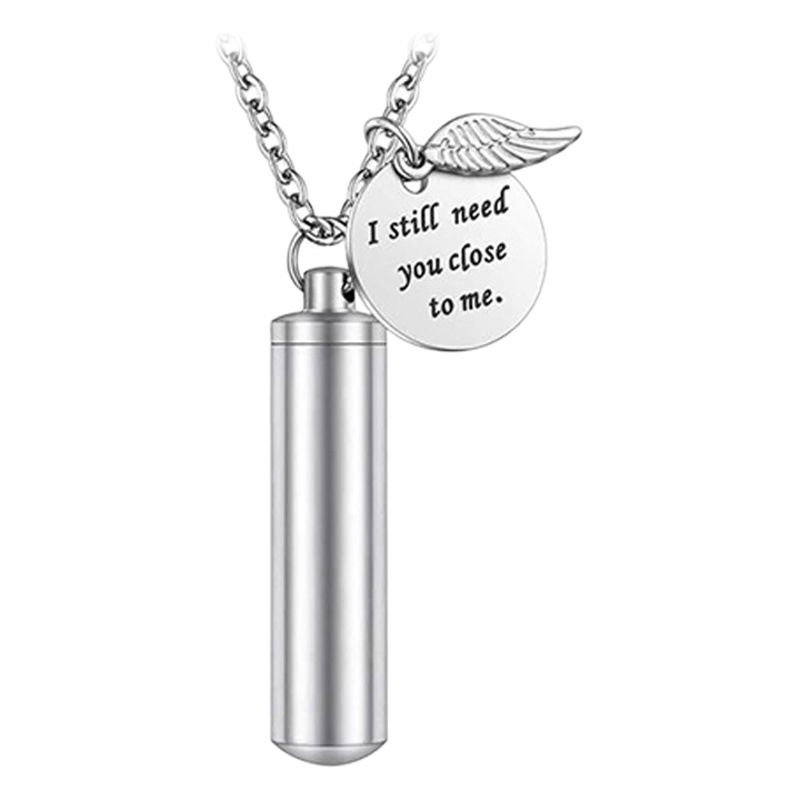Amazon Hot Sale Memorial Pet Ashes Necklace Men and Women Cylindrical Ashes Pendant Titanium Steel Wings silver Pendant