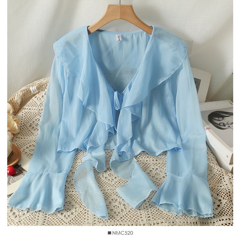 Picture of Sweet Ruffled Lace-up Short Chiffon Shirt for Women in Summer with Suspender Skirt and Shawl Small Outwear Sun Protection Blouse