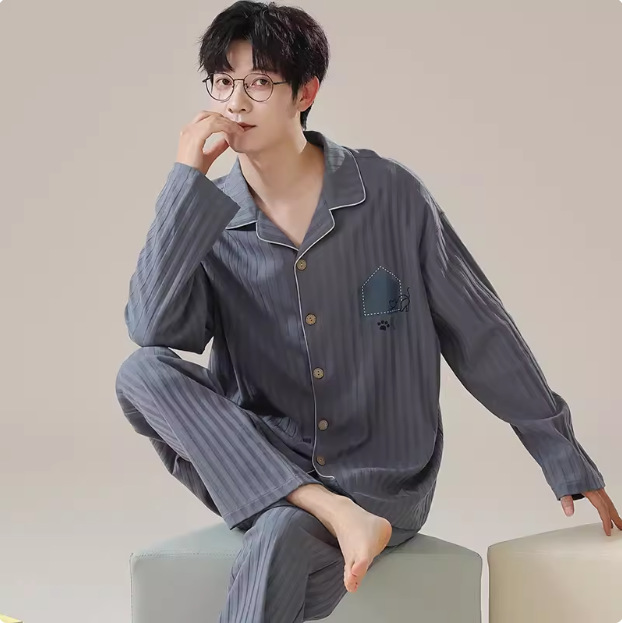Pajamas Men's 2024 Spring and Autumn Cotton Long Sleeve Home Clothes Men's Boys Teenagers Thin plus size suit