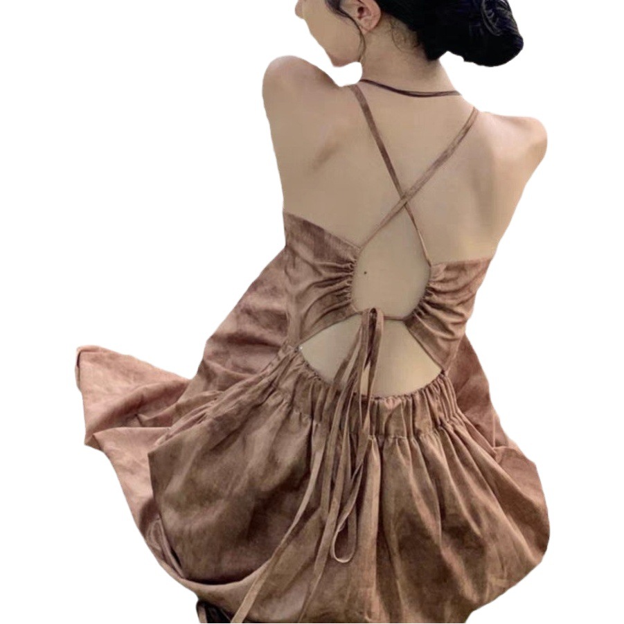 Women's V-neck design halter strap dress summer new retro waist-tight backless sexy Brown A- line dress