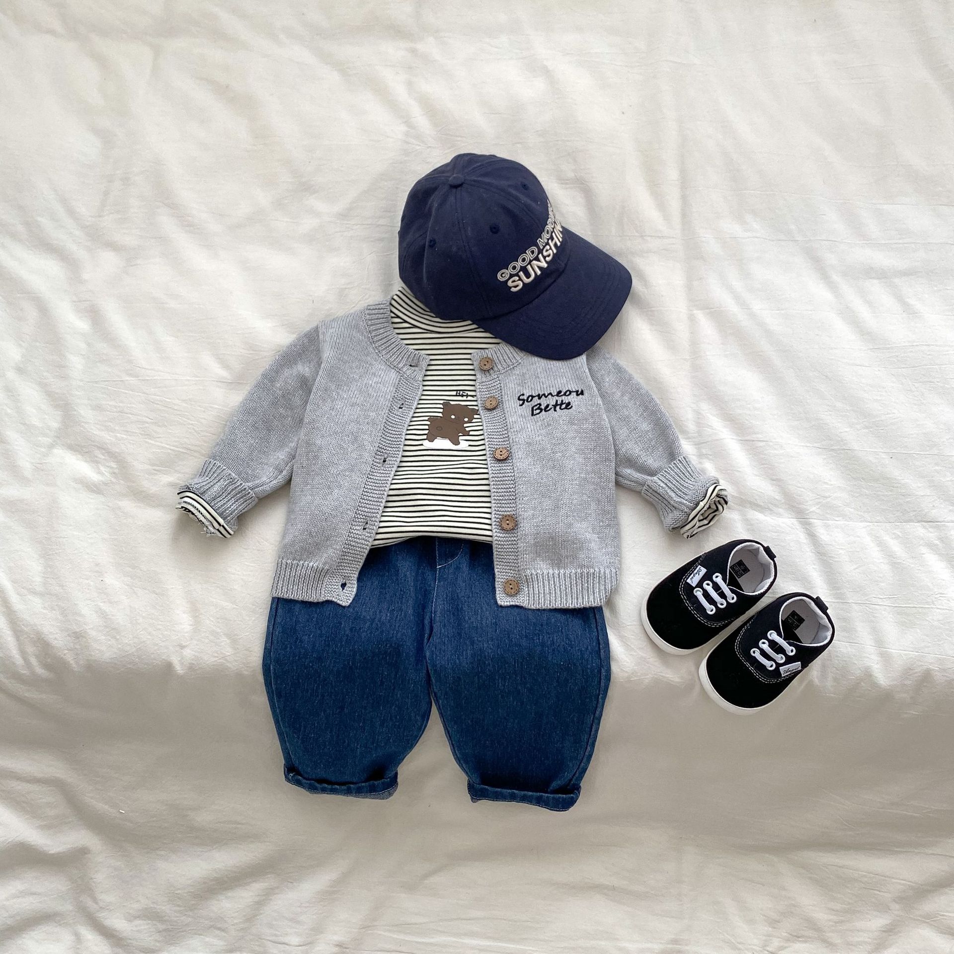 2024 Boys Autumn New Baby Long Sleeve Handmade Letter Embroidered Cardigan Knitted Top Outfit Three-Piece Set