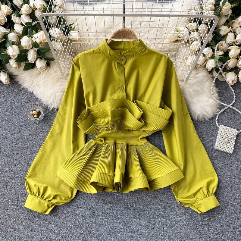 Cross-border Long-sleeved shirt Design Sense Niche Three-dimensional Pleated Ruffled Waist Slimming Elegant All-match Top for Women