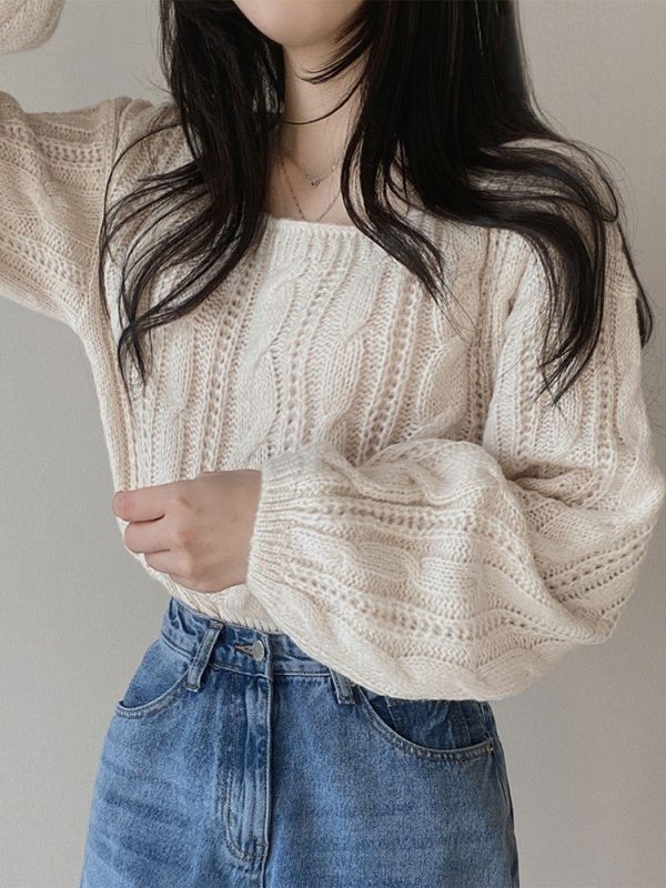 Picture of Korean style retro twist square collar pullover long sleeve sweater women's autumn and winter New loose short lazy style knitted top