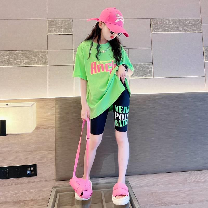Girls' Summer Short-sleeved Alphabet Printed Alphabet Pants Set 2024 New Children's Half-sleeved Two-piece Set for Middle and Big Children