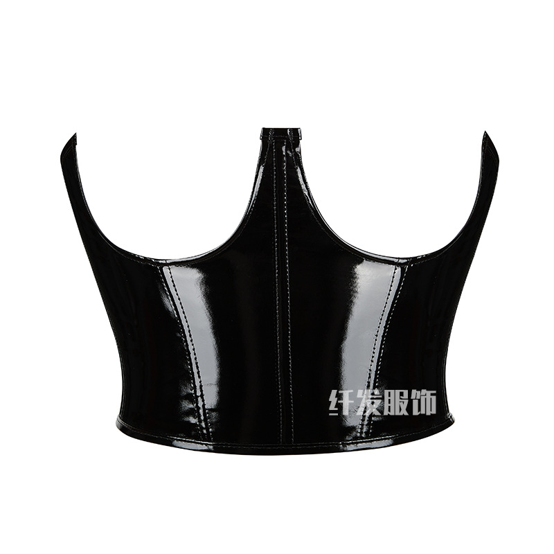Picture of Amazon Supply Fashion Short Patent Leather Waist Seal Wearing Waist Showing Body Front Long Back Short Plastic Waist Bracket Leather