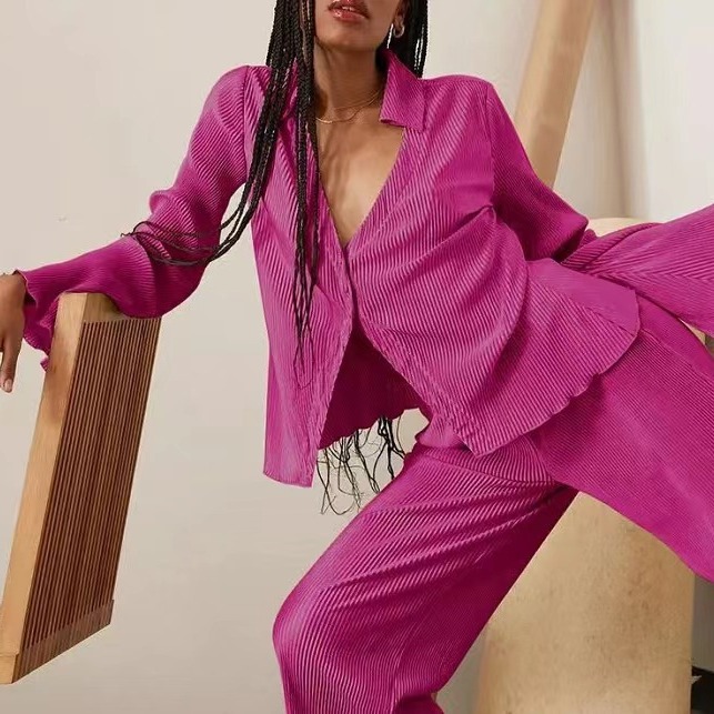 2022 European and American Amazon AliExpress V-neck casual folding long sleeve women's sexy loose suit INS pleated