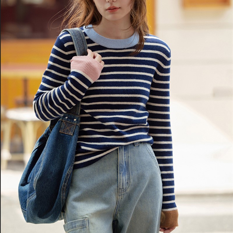 Chic Blue Striped Merino Wool Alpaca Base Sweater Soft Waxy Sweater
