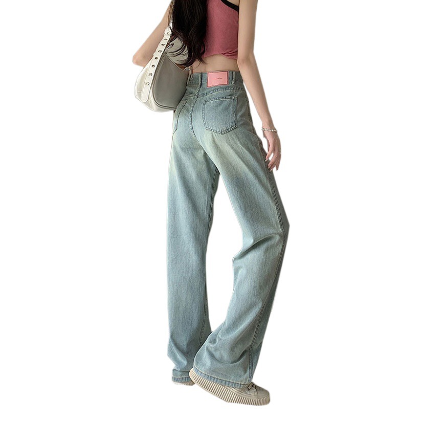 Light Color Straight Jeans Women's Design Sense Pink Leather Brand High Waist All-match Outer Wear Pear-shaped Wide Leg Long Pants