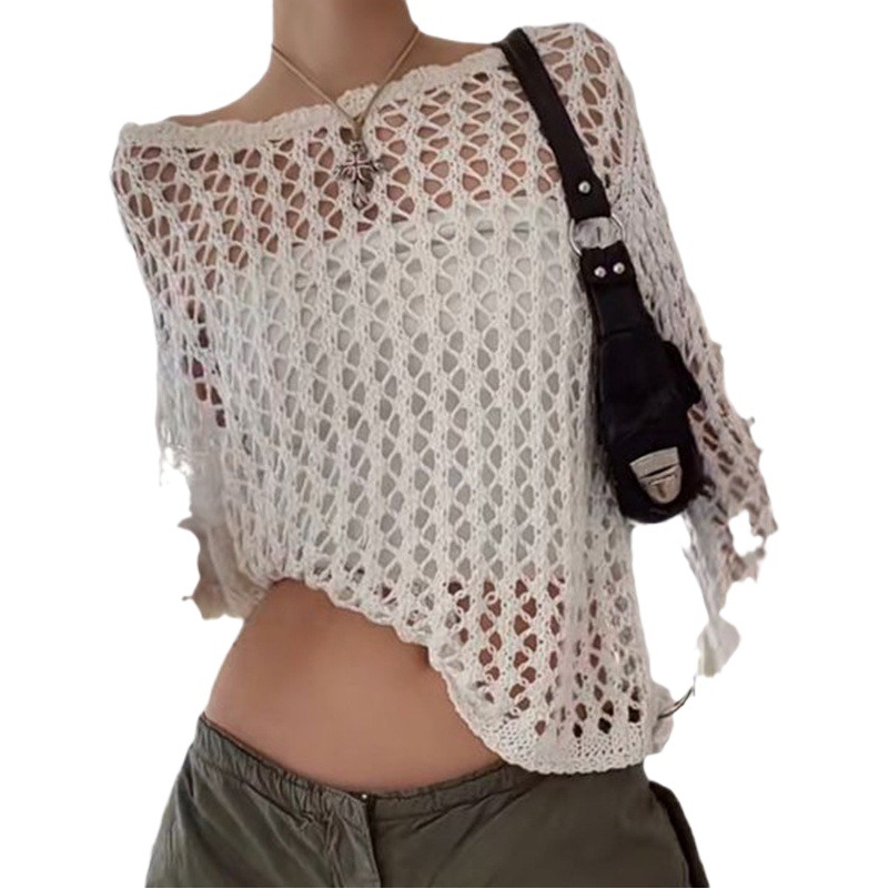 2025 Cross-Border Amazon Sexy Mesh Cut Out Knitted Sun Protection Cover-Up Summer Beach Swimsuit Cover-Up T-Shirt