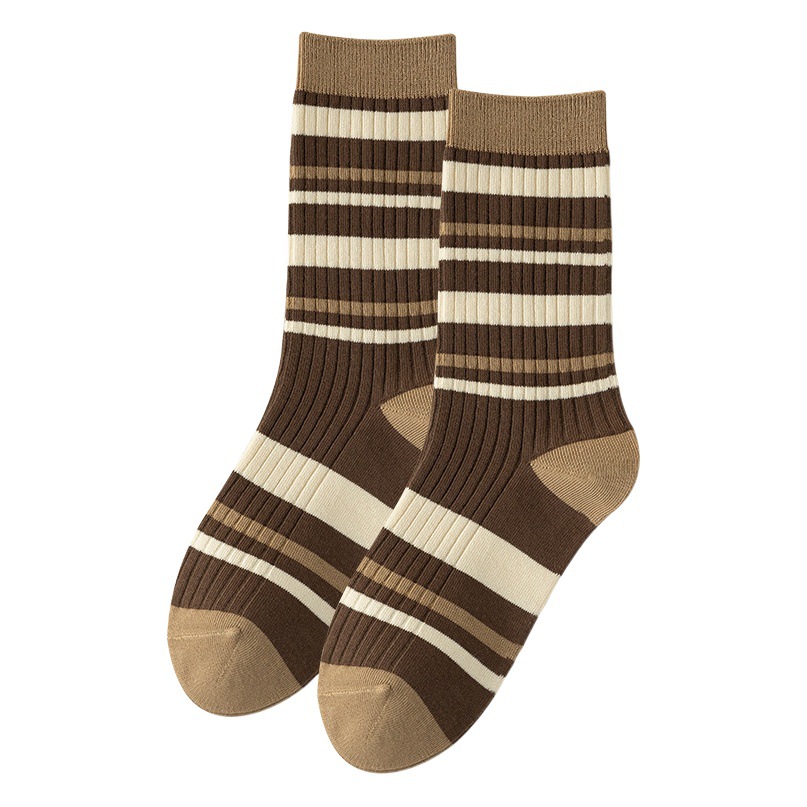 Double-Needle Socks for Women, Spring & Fall Mid-Calf Socks, Cotton Socks for Women, Maillard Retro Embroidered Stockings, Zhuji Women's Socks Wholesale