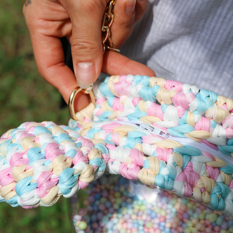 Picture of Handmade woven cloth line bear Mickey bag material bag transparent hemisphere acrylic Pearl handbag satchel