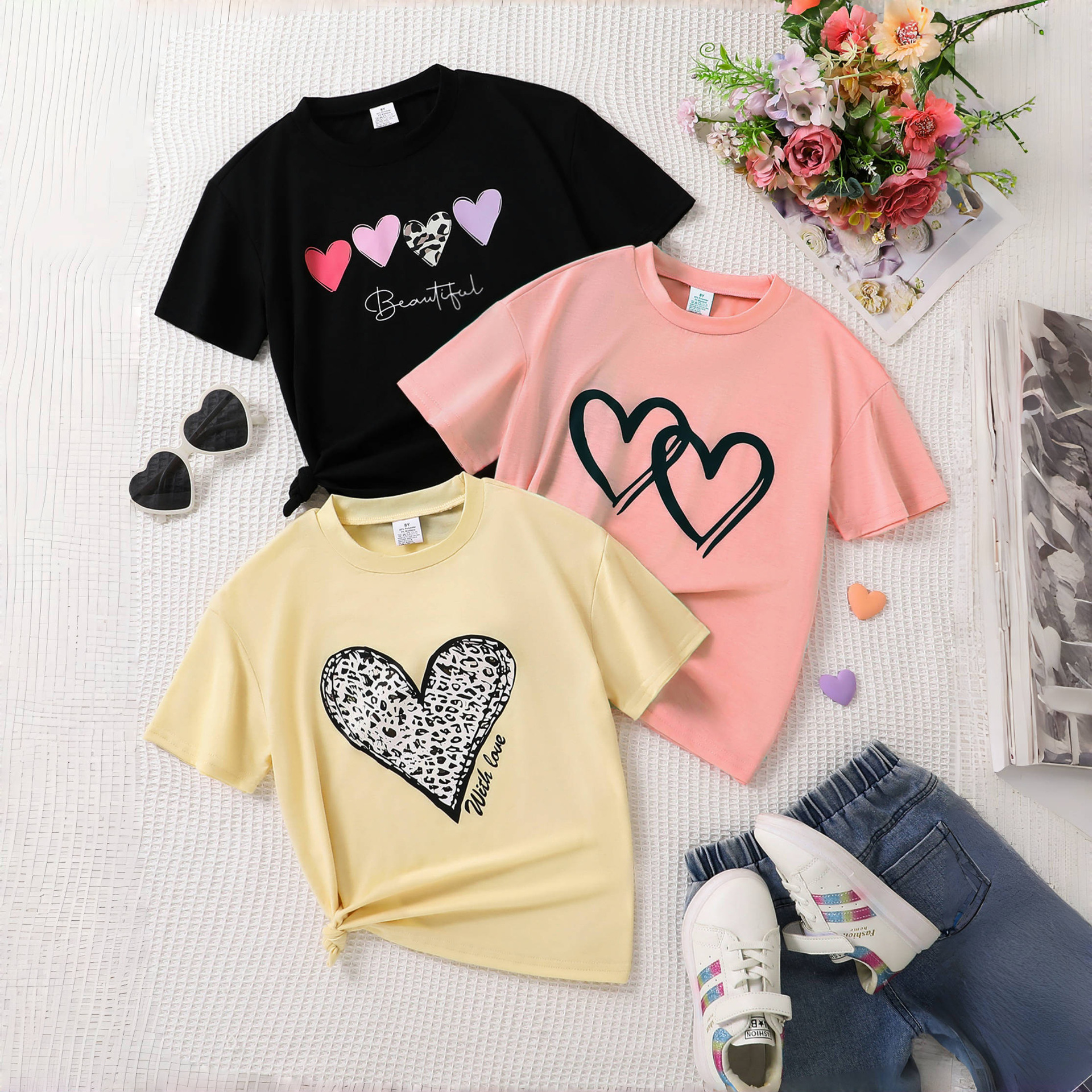 SHEIN Cross-border Special for Korean Style Foreign Style Summer Girls' Love Stamping Printed Round Neck Short Sleeve Loose T-shirt Children's Wear